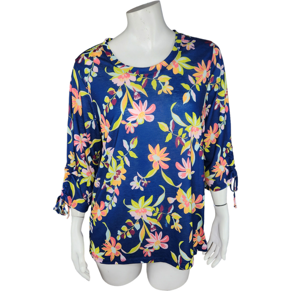 Caribbean Joe Women's Large Blue Floral Blouse 3/4 Sleeves Tie Detail NWT Cruise